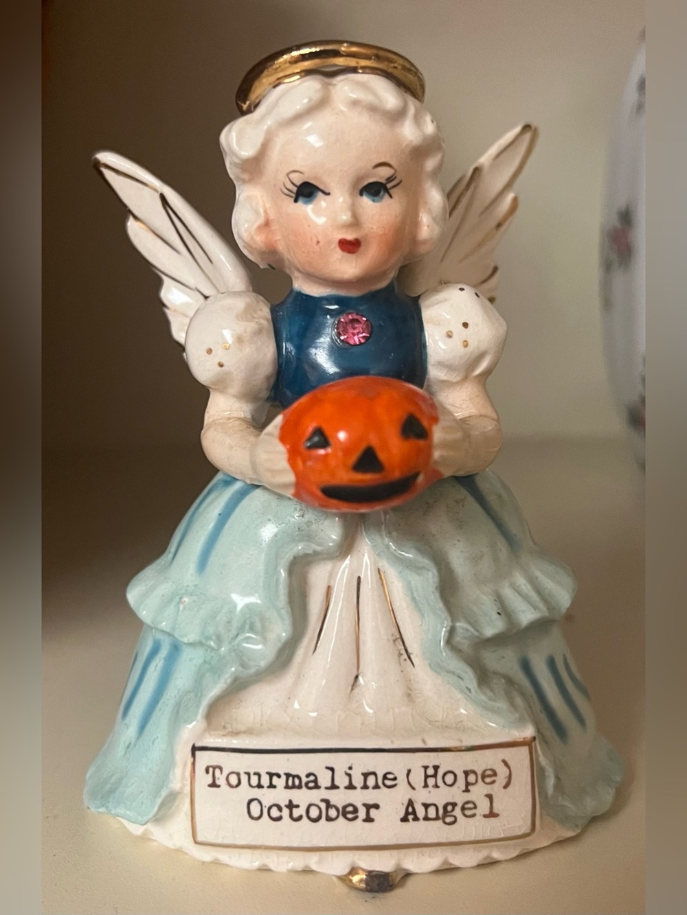SR JAPAN foil label October month birthday year angel figurine tourmaline hope